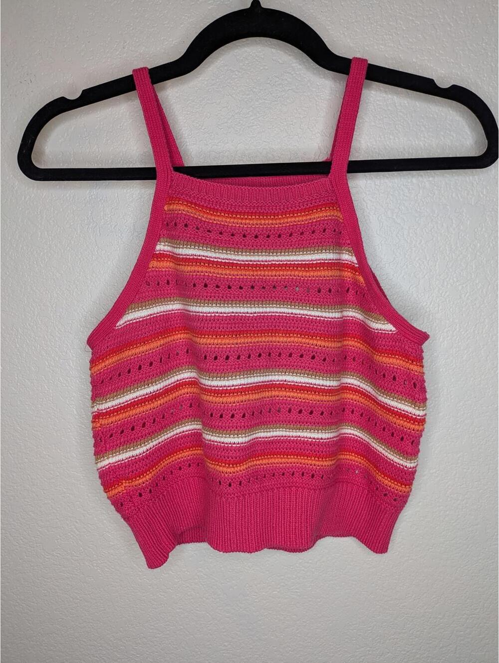 Chloe + Jasmine Girls' Knit Halter Tank Top Size 12 Pink Orange Striped Crochet